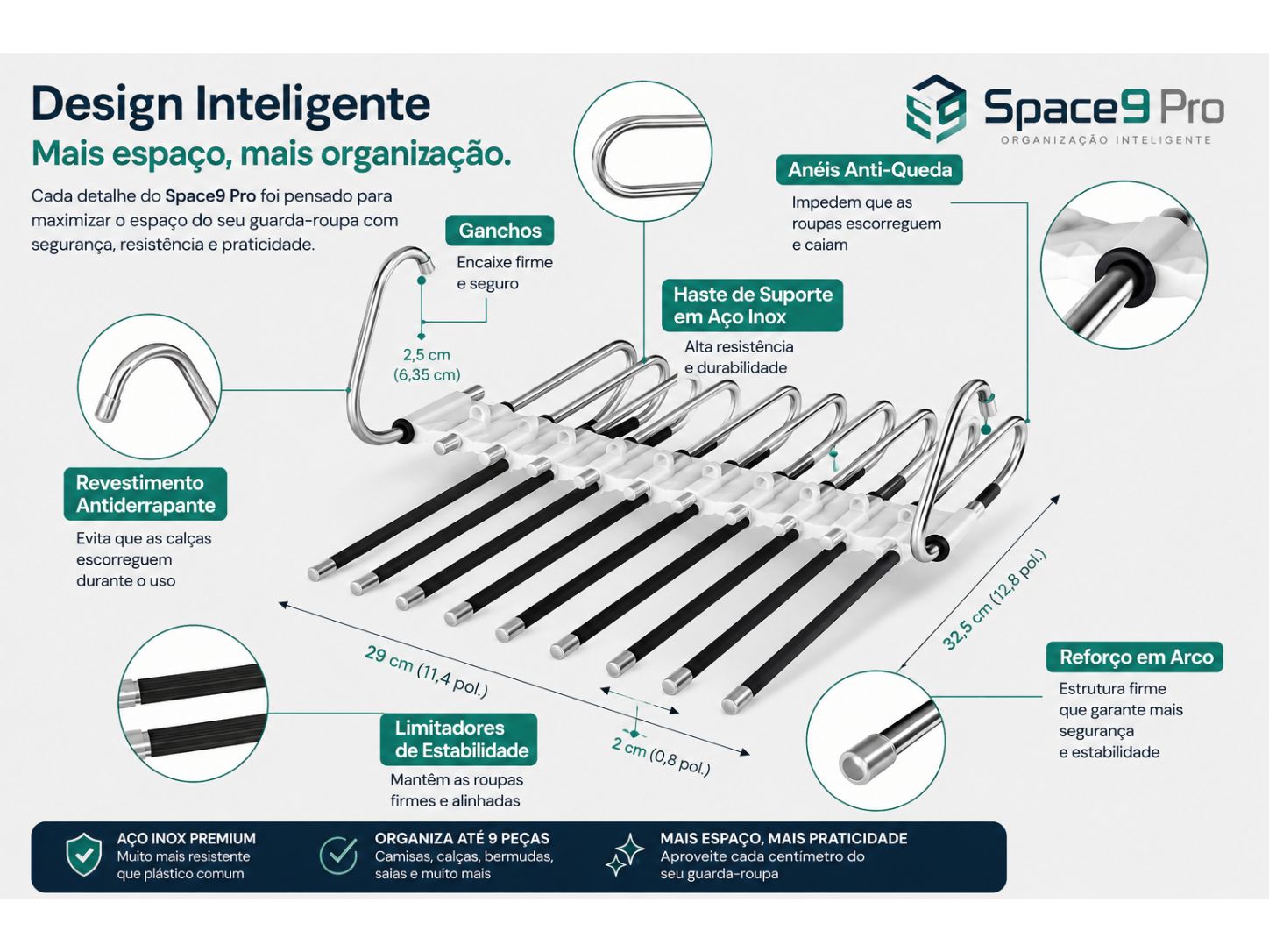 Space9 Pro - Organizador inteligente para guarda-roupa em aço inox