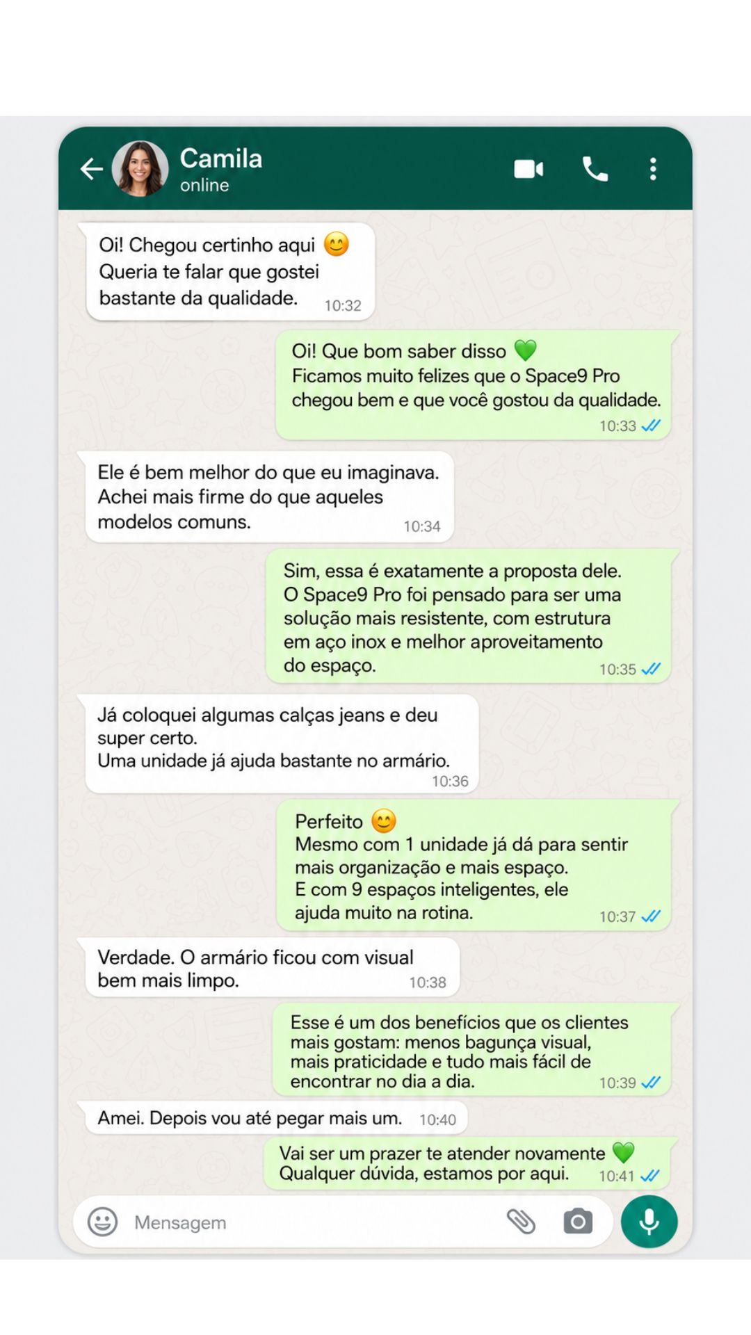 Simulação ilustrativa de experiência pós-compra Space9 Pro