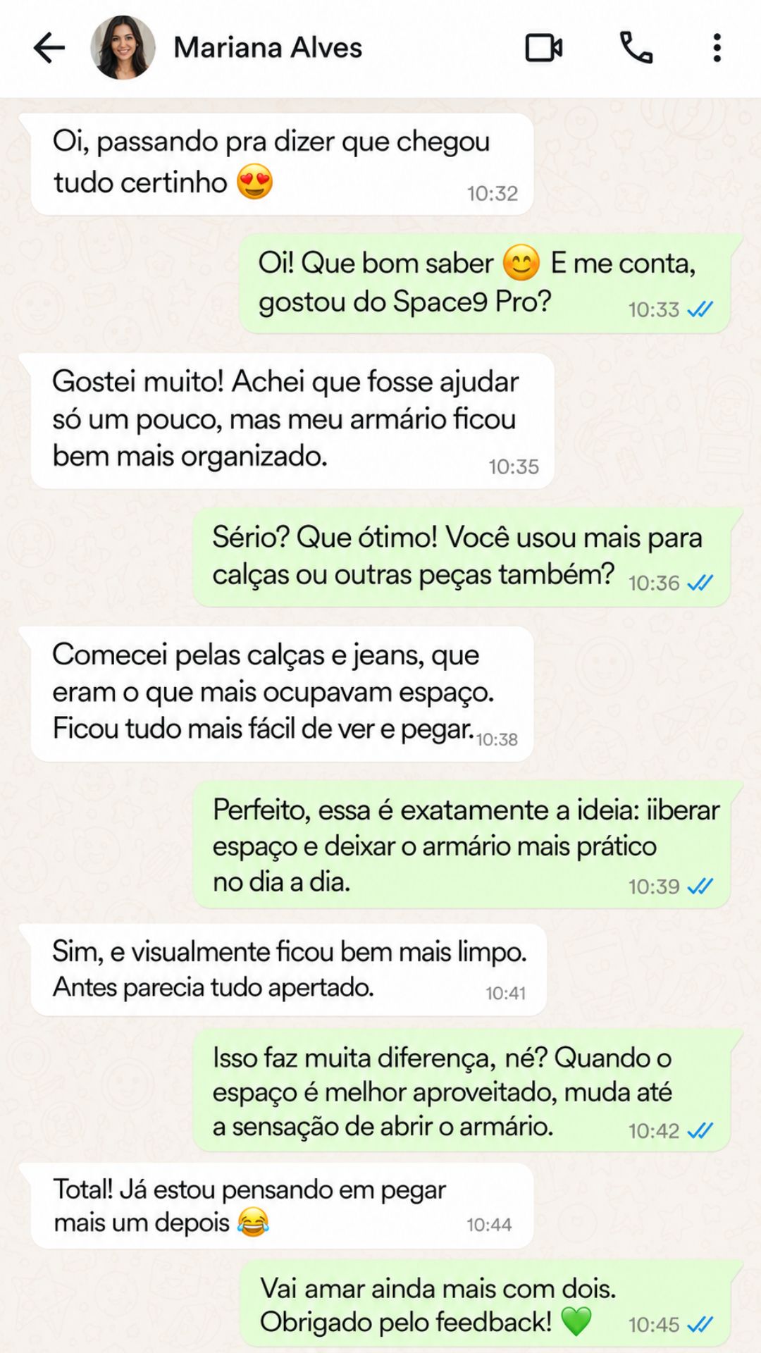 Simulação ilustrativa de conversa pós-compra Space9 Pro