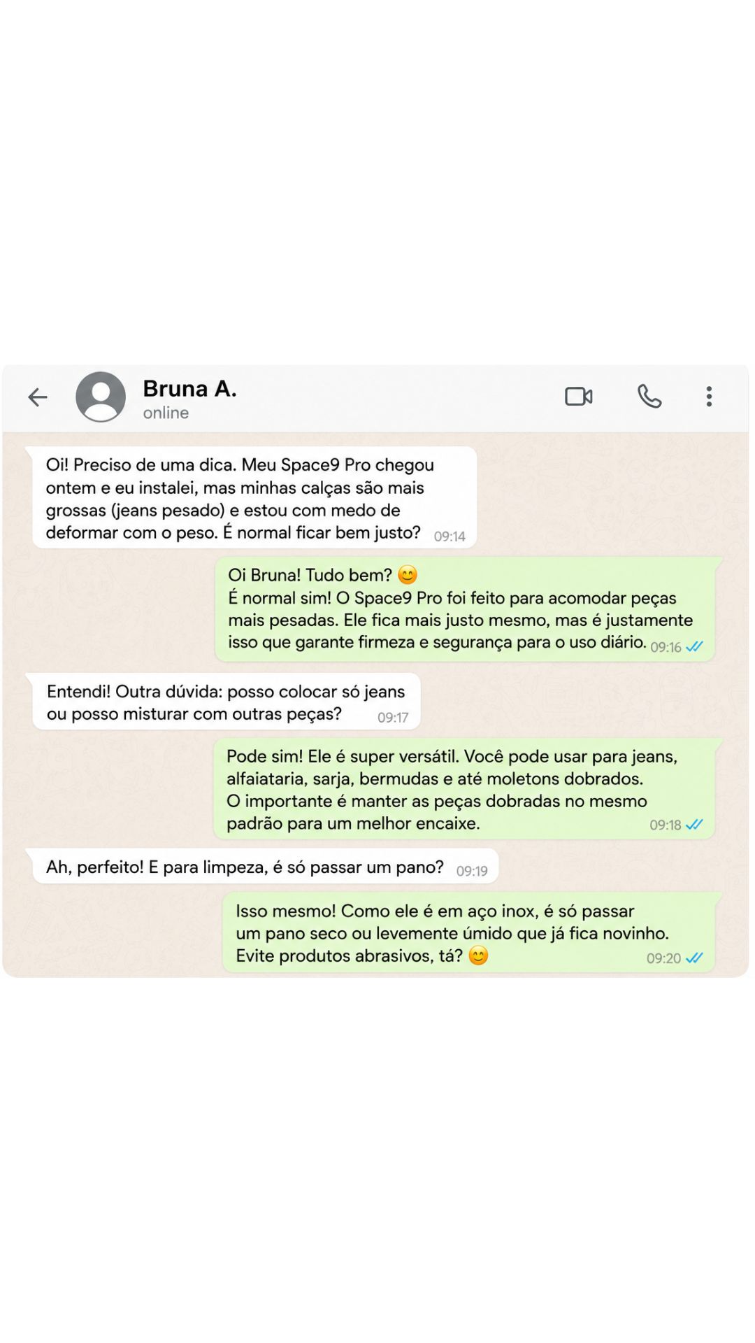 Simulação ilustrativa de conversa sobre organização com Space9 Pro