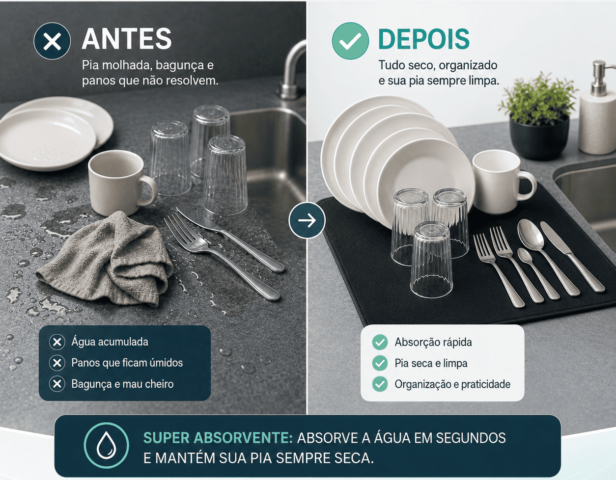 Antes e depois usando DryMat na bancada da cozinha